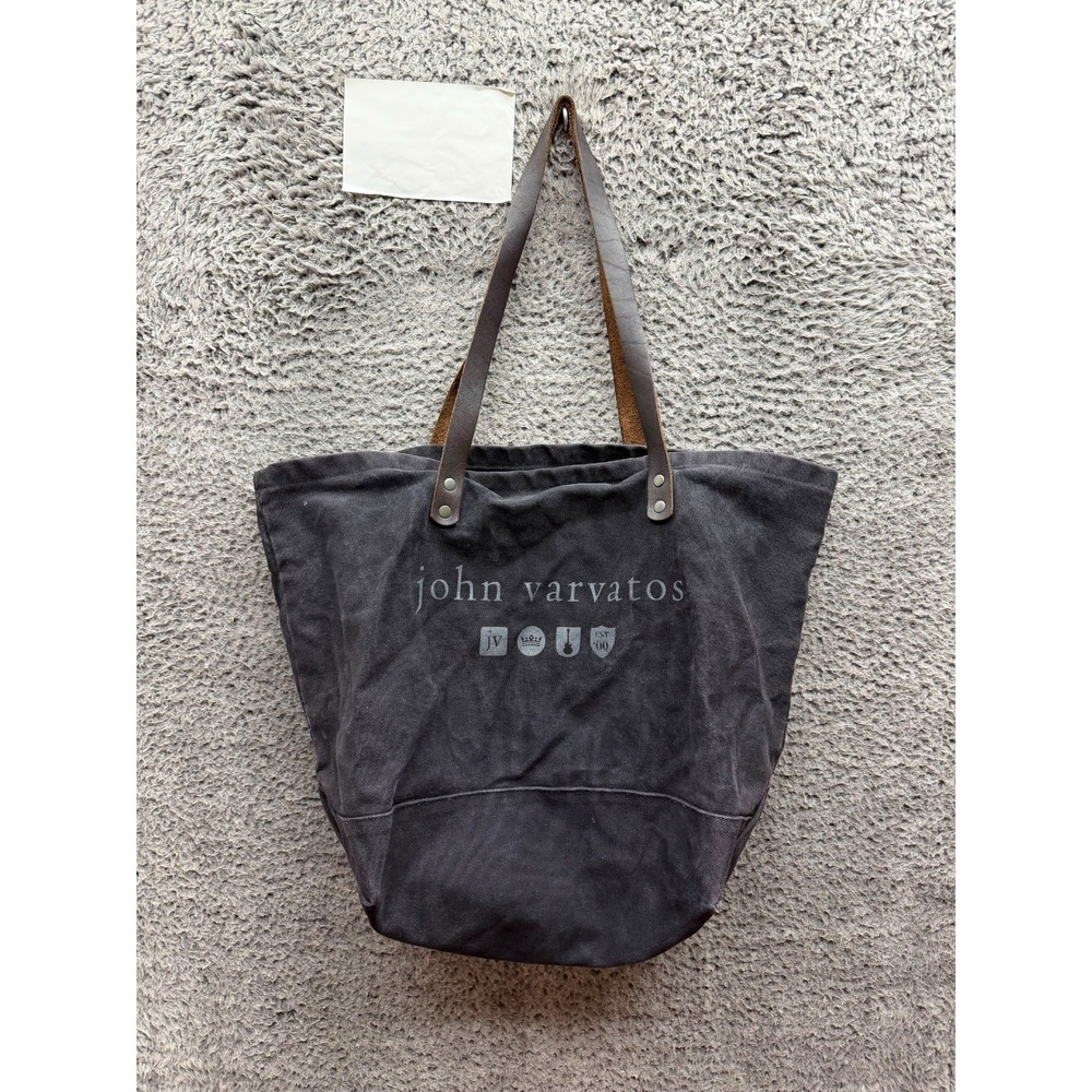John Varvatos Logo Graphic Leather Canvas Tote Bag Black Made In USA